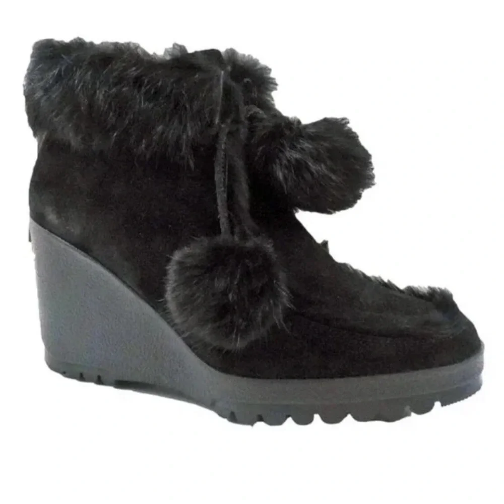 Coach Kataya Wedge Ankle Boots Booties in Black Suede with Black Rabbit Fur Trim - Picture 1 of 17